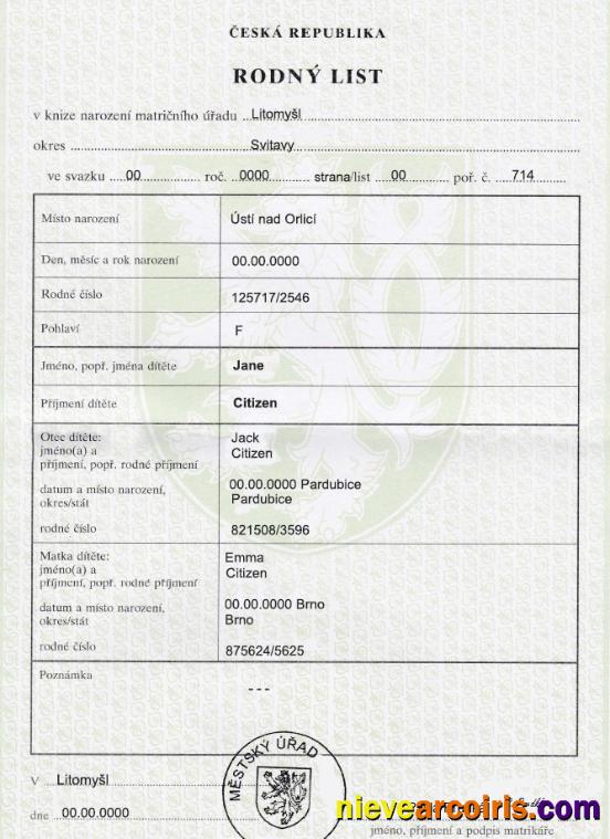 Czech birth certificate